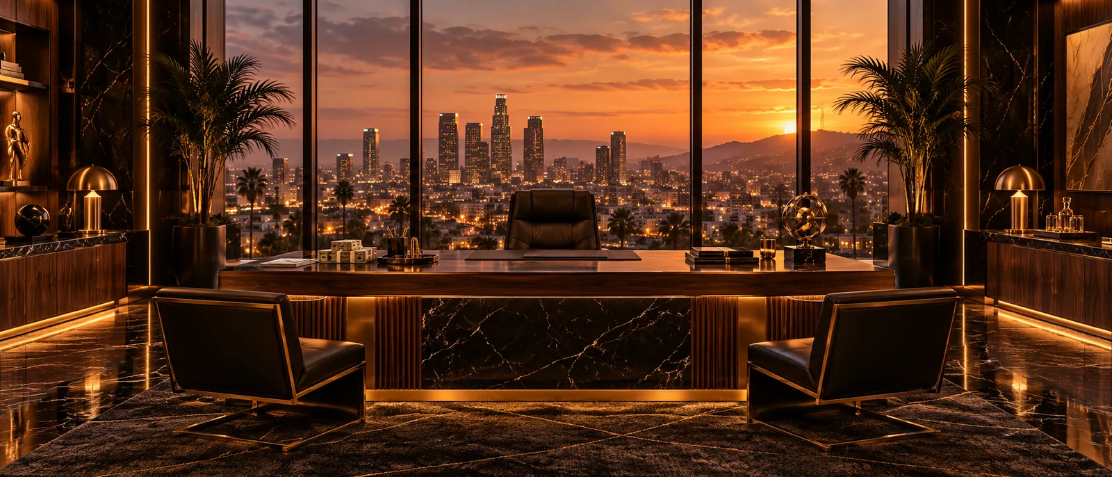 An opulent walnut and black marble office overlooking the Los Santos skyline at sunset